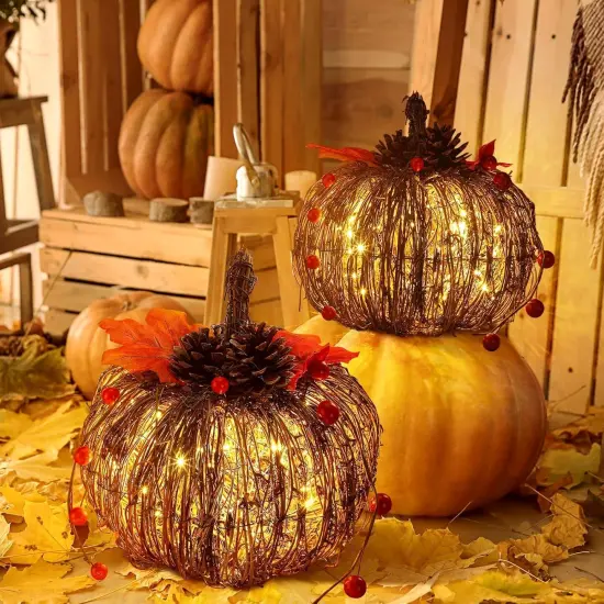 2 Pcs Rattan Lighted Pumpkin Fall Decorations - Brown {5}