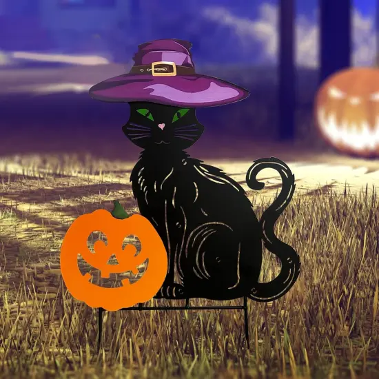 Metal Black Cat Halloween Garden Stakes,Silhouette Statues with Witch Hats {1}