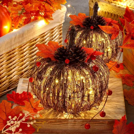 2 Pcs Rattan Lighted Pumpkin Fall Decorations - Brown {2}