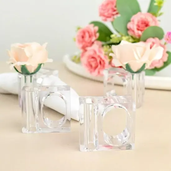 4 Clear Square Acrylic Dinner NAPKIN RINGS Mini Flower Holders Party Decorations {2}