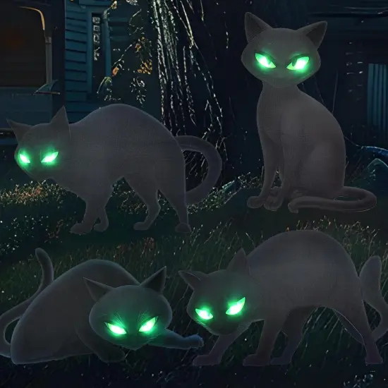 4 PCS Halloween Decorations Outdoor Scary Black Cat with LED Lights Glow Eyes {6}