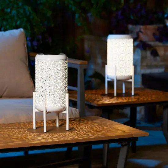 Set of 2 14.25"H Metal Cutout Flower Pattern Solar Powered LED Outdoor Lantern with Stand 2pcs White {4}