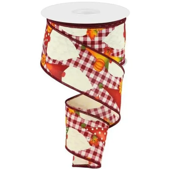 2.5" Gnome Pumpkin Check Ribbon: Cream/Burgundy (10 Yards) {1}
