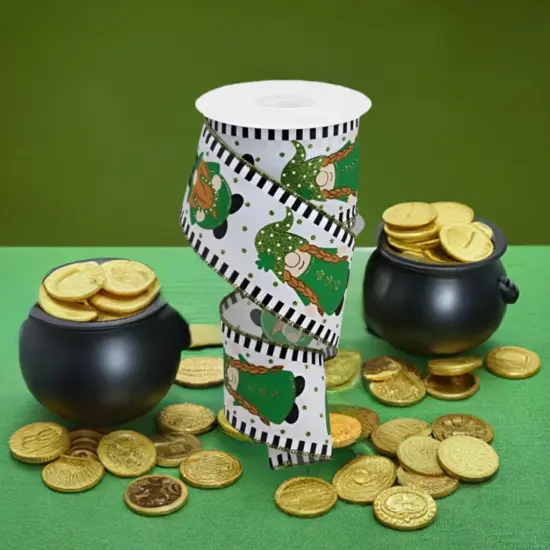 2.5" Saint Patrick Gnome Stripe Edge Ribbon: White (10 Yards) {4}