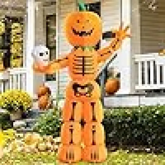 Giant Skeleton Stacked Pumpkin Man Holding Skull {6}