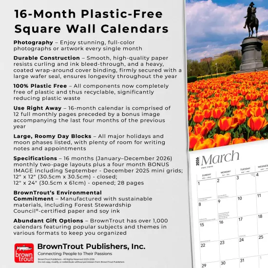 The Bay State | Massachusetts Places | 2026 12 x 24 Inch (Hanging) Monthly Square Wall Calendar | Plastic-Free {6}