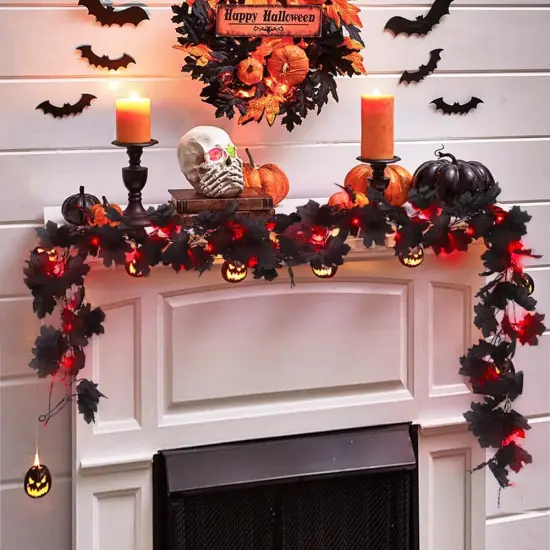 2 Pack Halloween Fall Garland with Lights, Maple Leaf for Stairs {4}