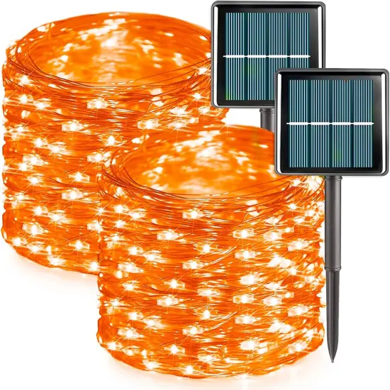 2 Pack Each 66ft 200 LED Orange Solar Halloween Lights Outdoor Waterproof {1}