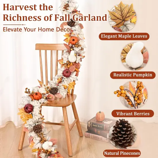 Fall Leaves Garland with Lights, Pumpkins Pinecones Berries Maple Leaves - 1 PACK {6}