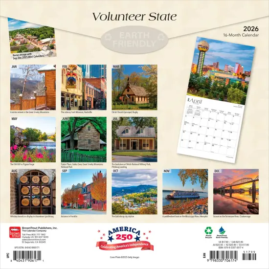Volunteer State | Tennessee Places | 2026 12 x 24 Inch (Hanging) Monthly Square Wall Calendar | Plastic-Free {2}