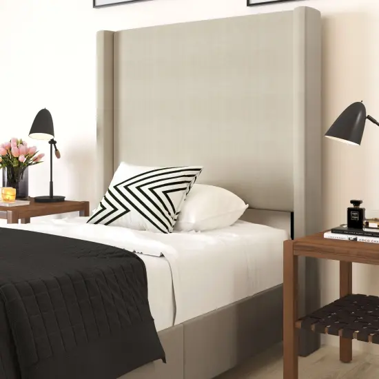Merrick Lane Bramlett Modern Platform Bed - Gray Faux Linen - Queen - Padded Wingback Headboard - 8.5" Floor Clearance - Wood Support Slats - No Box Spring Needed {11}