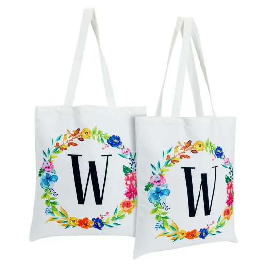 Set of 2 Reusable Monogram Letter W Personalized Canvas Tote Bags for Women, Floral Design (29 Inches) White {1}