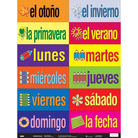 Poster Pals Spanish Educational and Language Teaching Chart posters,Classroom Decoration instruction, Months, Days, Seasons, Weather, FSL, 36 laminated card Set {4}