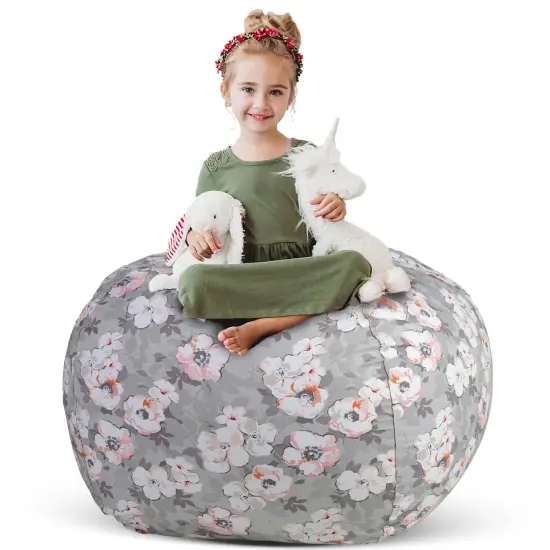 Creative QT Stuff &rsquo;n Sit Large 33&rsquo;&rsquo; Bean Bag Storage Cover for Stuffed Animals & Toys, Giant Beanbag Chair for Kids Ages 3&ndash;14, Bedroom Organizer for Christmas, Gray Floral {1}