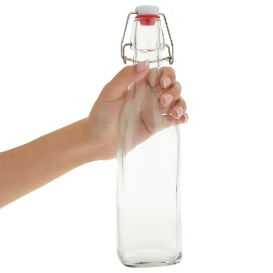 6 Pack 16 oz Glass Bottles with Swing Top Lids and Square Base, Includes Brush and Funnel for Homemade Brewing Clear {4}