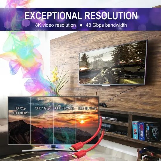 Insten - HDMI Male to Male Cable, 2.1 Version, 8K 60Hz, 48Gbps, PVC Cable, Gold Connectors, 6ft , Red {3}