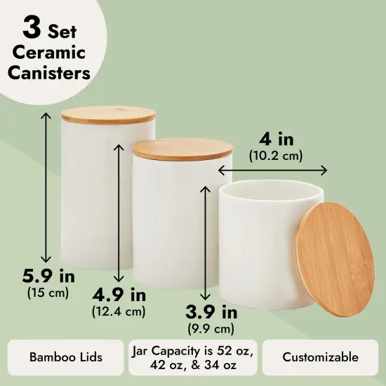 Farmlyn Creek Set of 3 White Ceramic Canisters with Airtight Wooden Bmaboo Lids, Kitchen Counter Containers, Food Storage Jars, Ideal for Storing Sugar, Coffee, Snacks and Other Dry Goods, (3 Sizes) {4}
