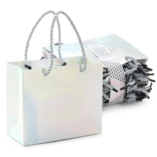 24 Pack Mini Metallic Silver Gift Bags with Rope Handles, Reusable Paper Gift Bags (6 x 5 x 2.5 In) {1}