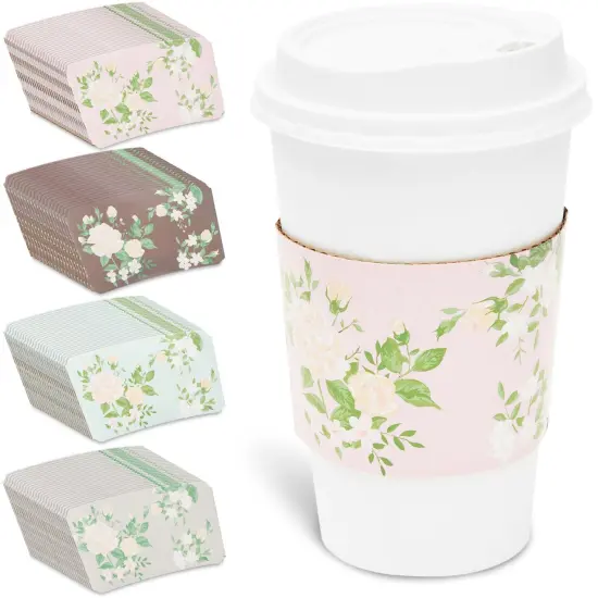 100 Pack Disposable Floral Paper Coffee Cup Sleeves, Drink Sleeves for Cups, 4 Colors (2.5 In) Multicolor {1}