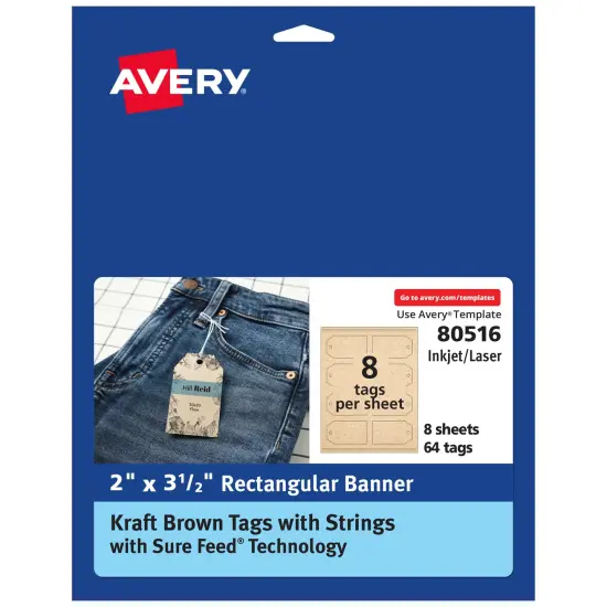 Avery Kraft Brown Banner Tags with Sure Feed Technology, 2" x 3.5", Laser/Inkjet, 64 Printable Tags with Strings Included, Also Great for Gift Tags and Favor Tags (80516) {1}