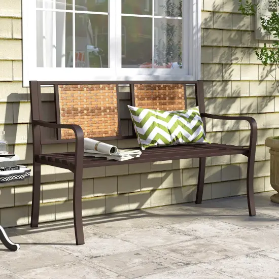 Costway 51" Patio Metal Bench for 2-3 with Rattan Backrest & Curved Armrests for Backyard {2}