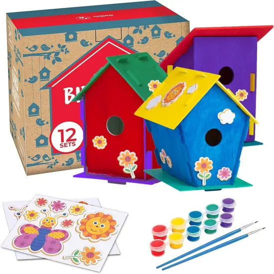 12 DIY Wooden Bird House Kits &ndash; Paintable Craft Set with Brushes, Stickers & Strings {1}