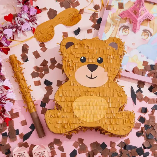 14.5 Inch Bear Pi&ntilde;ata Bear Themed Birthday Party Supplies Animal Pi&ntilde;ata with Wood Bat Stick, Paper Blindfold and Confetti for Valentine&lsquo;s Day Baby Shower Party Decor Kid Adult Boy Girl {2}