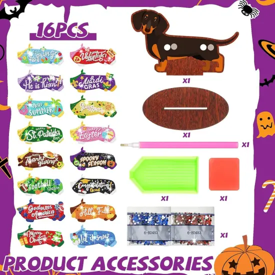 16 Pcs Magnetic Dachshund Diamond Art Magnets Interchangeable Seasonal Dog Diamond Painting Magnets Kits Holiday Spring Summer Wooden Table Decorations for Tabletop DIY Tiered Tray Decor {4}