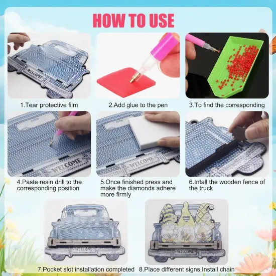 16PCS Interchangeable Diamond Painting Welcome Sign for Front Door Holiday Gnome Decor Blue Truck Hanging Sign Diamond Art Painting Kits for Adults Interchangeable Seasonal Decor for Home Wall {3}