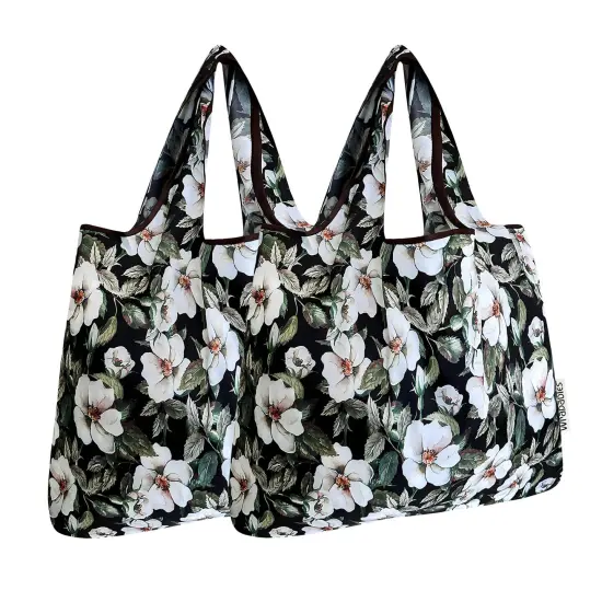 Wrapables Foldable Tote Nylon Reusable Grocery Bag (Set of 2), White Pansies {1}
