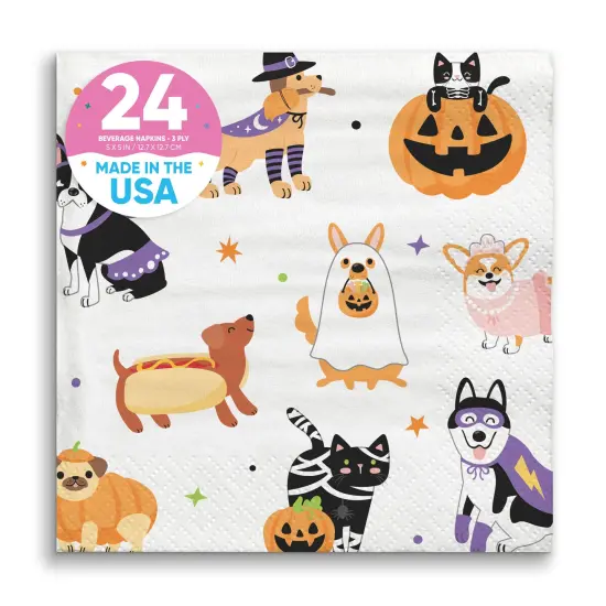 Big Dot of Happiness Halloween Pets Party Napkins, Cat and Dog Costume Party Halloween Decor, White 3-Ply Paper Beverage Napkins - 24 Count {1}