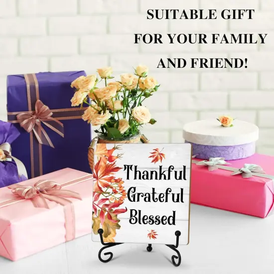 Fall Thankful Grateful Blessed Sign Tabletop Decor With Stand {4}