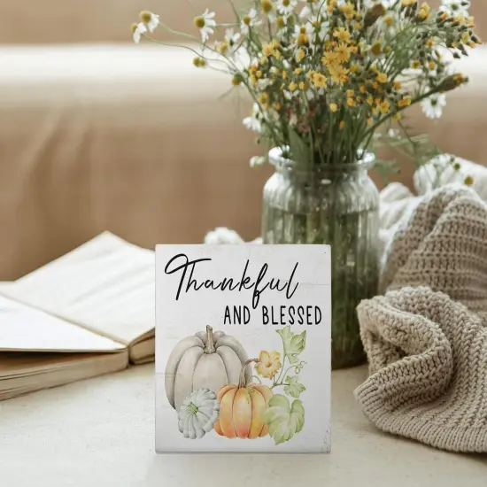 5x5 Inch - Rustic Thankful and Blessed Wooden Box Sign Tabletop Decor {4}