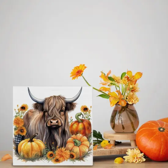 Fall Pumpkin Cow Wooden Sign Tabletop Decor 5 X 5 Inches {3}