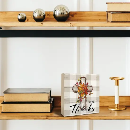 Thanksgiving Tabletop Wooden Box Sign Desk Decor 5 x 5 Inches {4}