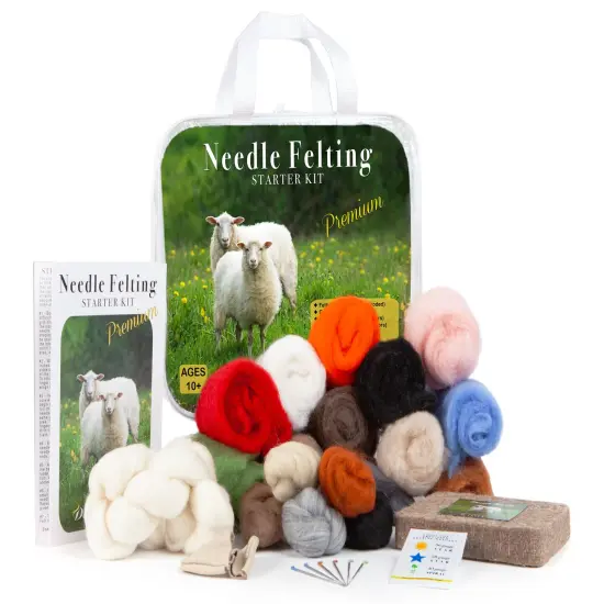 Complete Needle Felting Craft Starter Kit for Beginners, Premium Tools and Supplies, 17 Colors Wool, 6 Needles Color Coded, Wool Felting Pad, Leather Finger Guards, Storage Case {1}