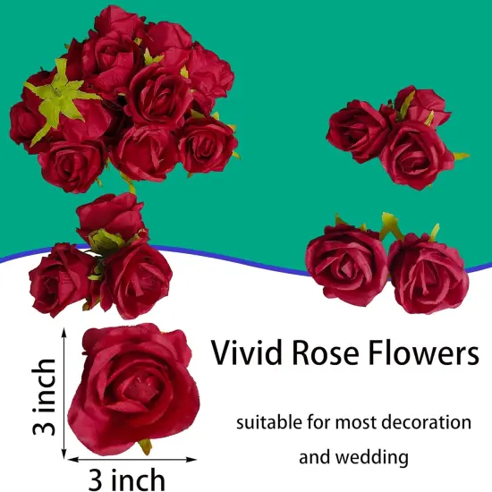 54 Pcs Fake Rose Dark Red Flower Heads for Bouquet {3}