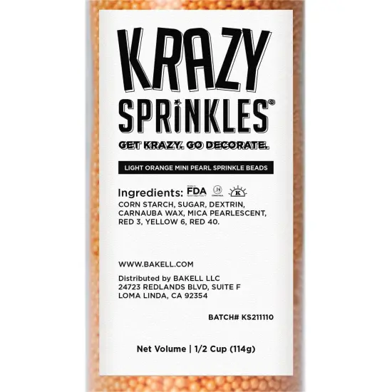 Krazy Sprinkles - Light Orange Pearl Mini Beads (1/2 Cup, 1x Jar) for Cakes, Ice Cream & Cookies {5}