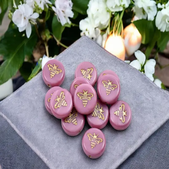 *12* 12mm Gold Washed Pink Silk Bee Coin Beads {4}