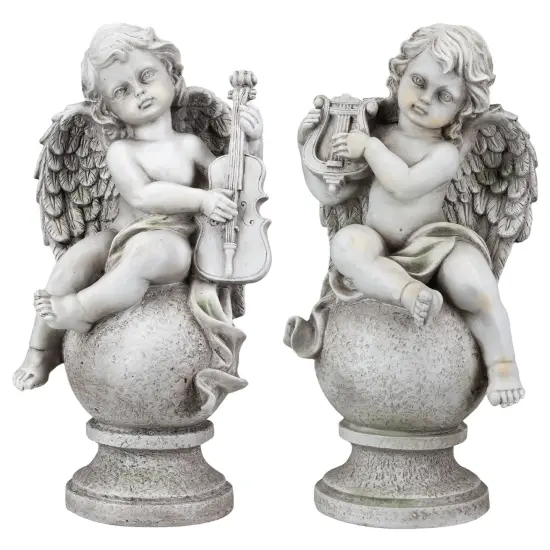 Northlight 14.75" Set of 2 Cherub Angels with Instruments Outdoor Garden Statues Gray {3}