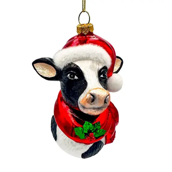 Festive Cow in Wreath Blown Glass Christmas Ornament, Farmhouse Theme Tree Decoration {1}