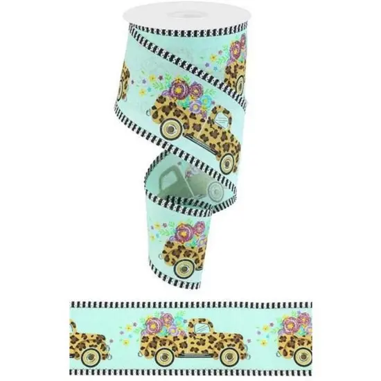 2.5" Leopard Truck Flower Stripe Ribbon: Mint Green (10 Yards) {3}