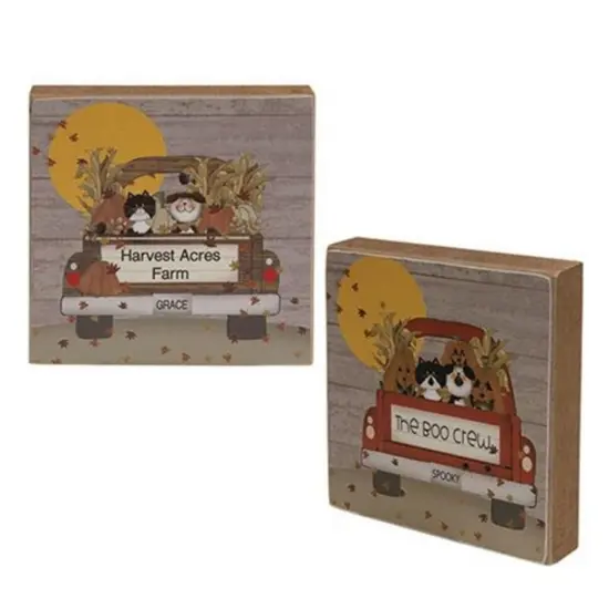 Wooden Freestanding Blocks with Vintage Truck and Halloween Fall Designs 2 Asstd. {1}