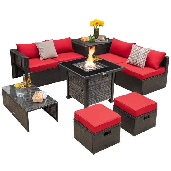 Outdoor 9 Pieces Patio Furniture Set with 50 000 BTU Propane Fire Pit Table Grey {9}