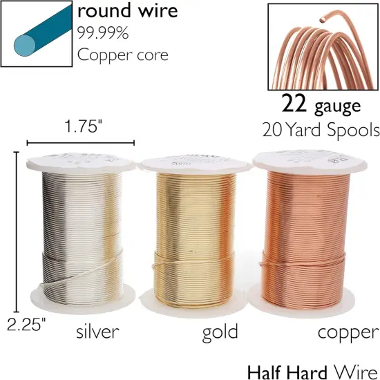 The Beadsmith Wire Elements 22-Gauge Lacquered Tarnish-Resistant Copper Wire for Jewelry Making, 4-8 Yard, 18.29 Meter Spools (Gold, Silver, & Copper Color) {4}