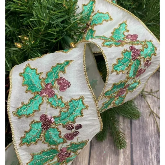 4" Dupion Pastel Holly Embroider Ribbon: White (5 Yards) {2}