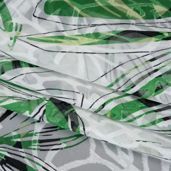 1 Yard White, Green and Black Floral Polyester Brocade Deadstock Material 56 inch Width {3}
