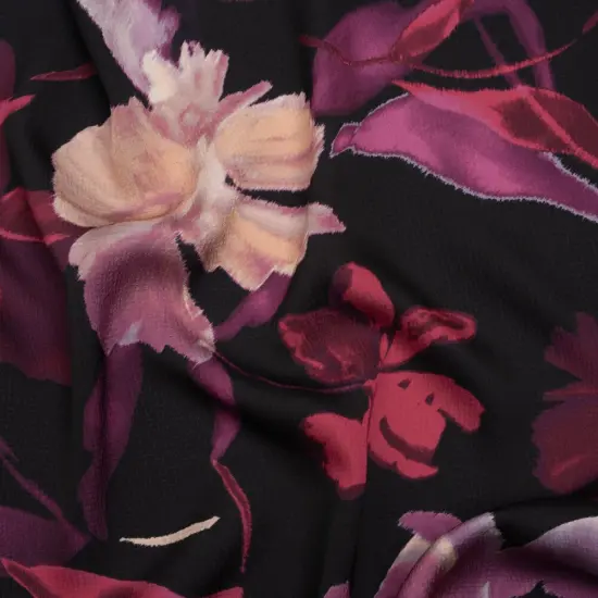 1 Yard Black and Berry Red Floral Puckered Polyester Charmeuse Designer Deadstock 56 inch Width {1}