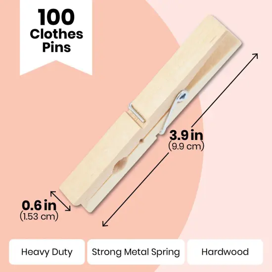 Juvale 100-Pack Large 4 Inch Wooden Clothespins - Heavy Duty Outdoor Clothes Clips for Hanging Clothes, Art, Crafts, Photo Displays, 3.9x0.6 x0.6 Brown {5}