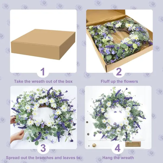 Spring Wreaths for Front Door with Lights Timer, Handmade Floral Wreath with Lavender, Daisy & Eucalyptu {5}